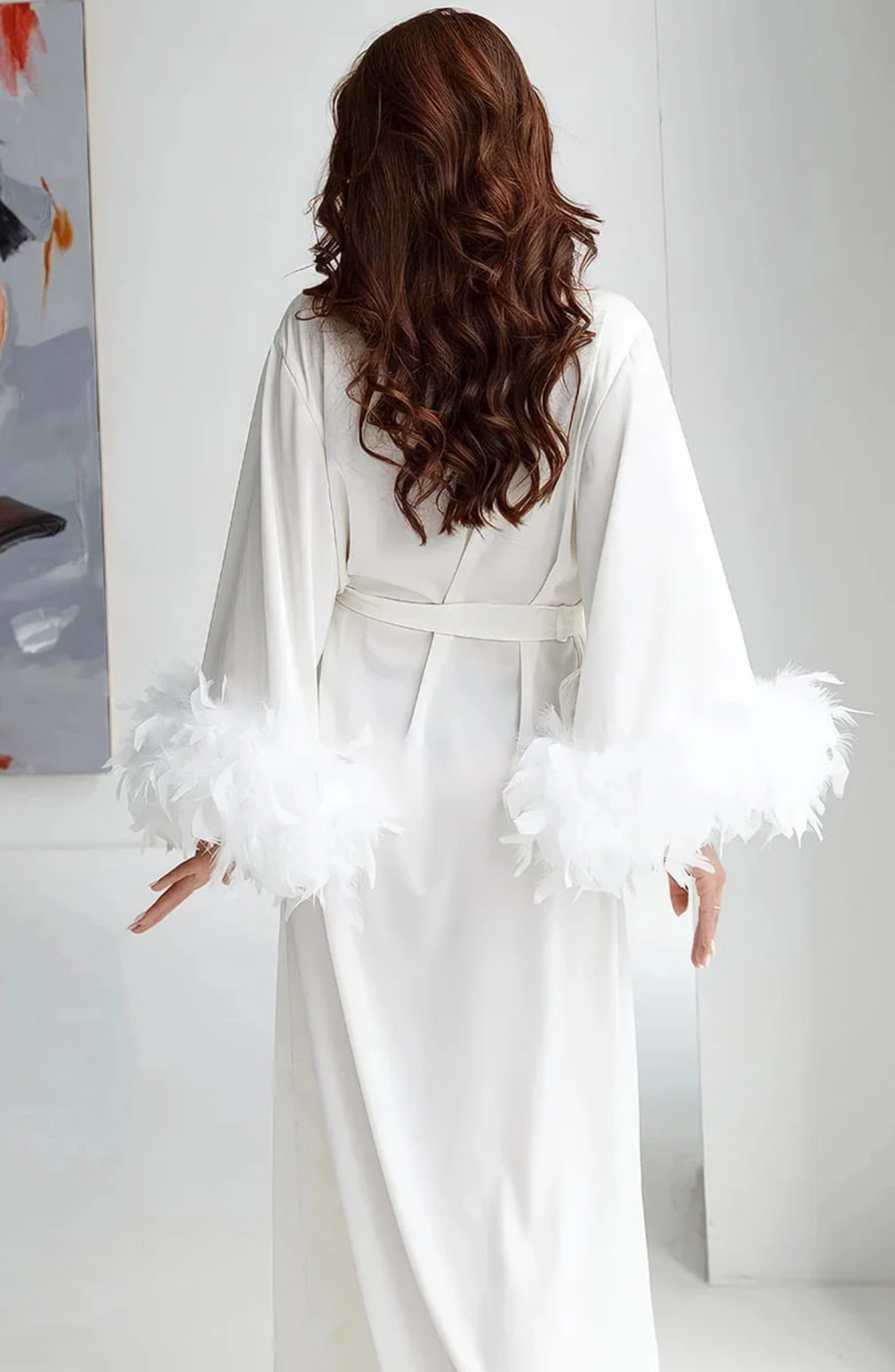 Feathered Dramatic Robe in Satin White