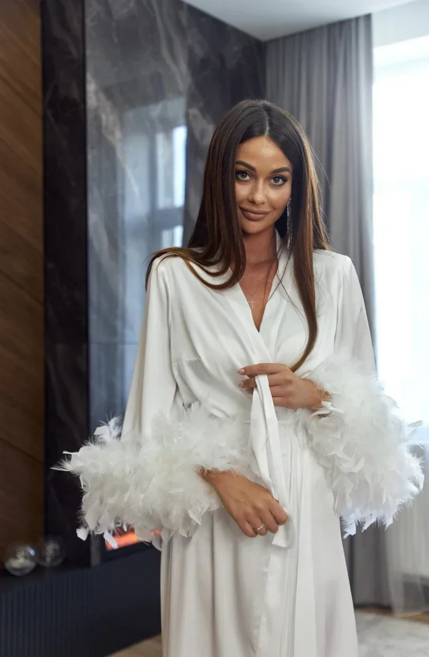 Feathered Dramatic Robe in Satin White
