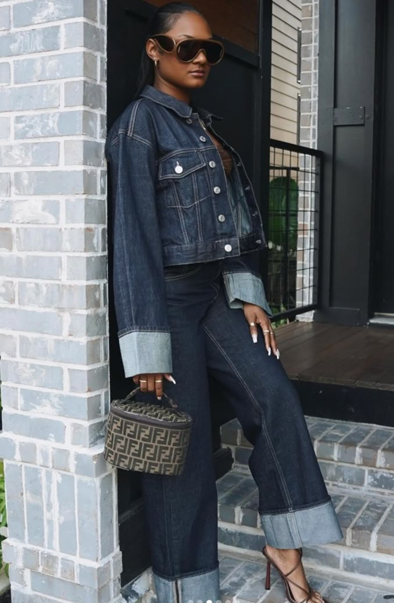 Vintage Denim Jacket & Wide-Leg Pants Set