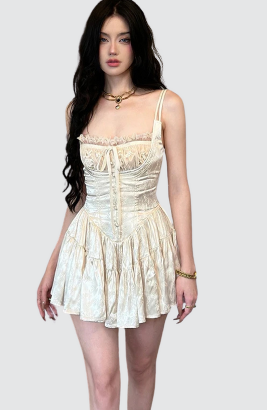 Mini-robe corset en satin fleuri avec détails à lacets