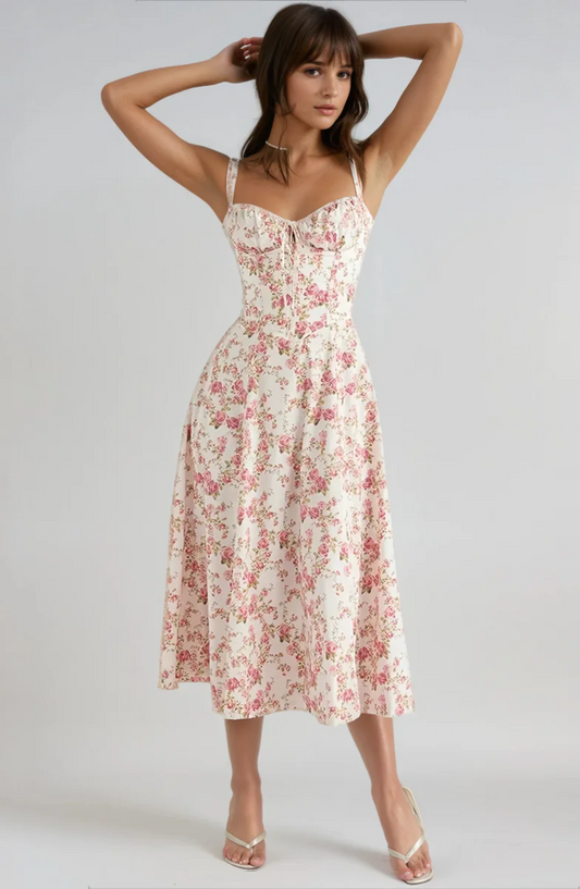 Pleated floral corset dress
