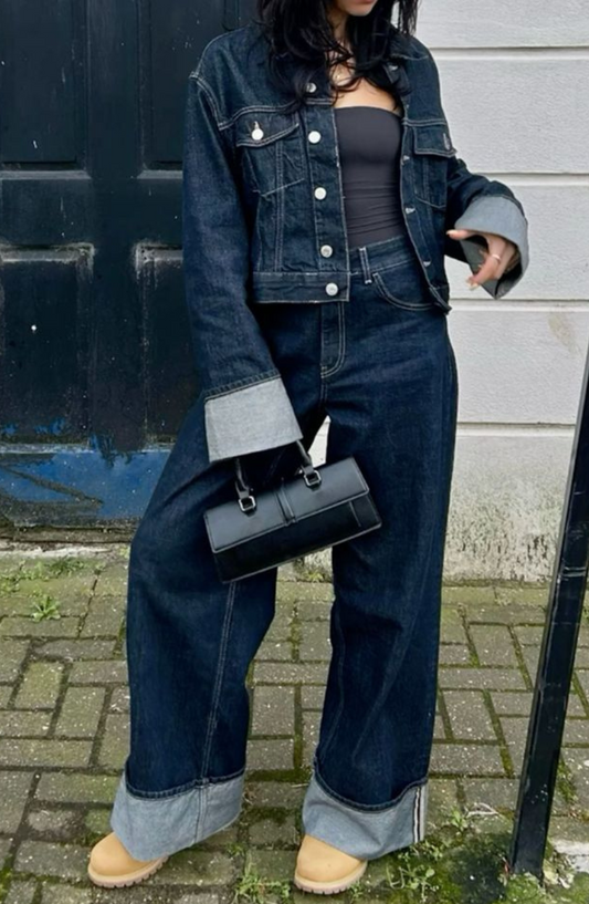 Vintage Denim Jacket & Wide-Leg Pants Set