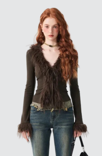Cardigan en peluche à lacets et col en V