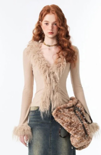 Cardigan en peluche à lacets et col en V