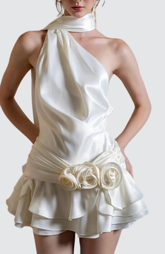 Backless Satin Halter Dress with 3D Floral Detail