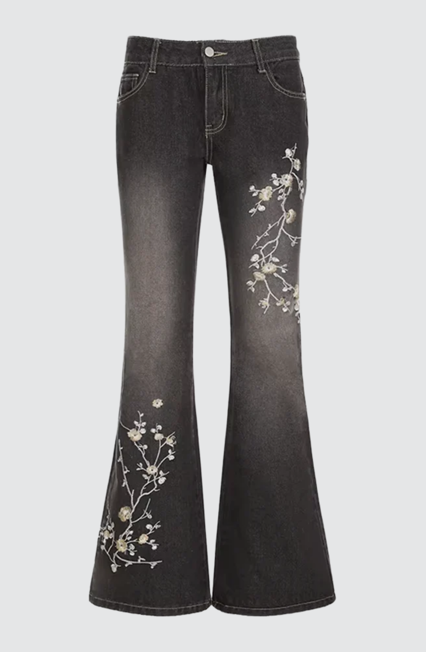 Jean évasé taille basse à broderie florale